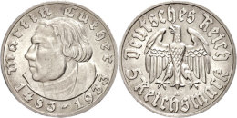 5 Reichsmark, 1933, Martin Luther, A, Vz., Katalog: J. 353 Vz5 Reichmark, 1933, Martin Luther, A, Extremley... - Autres & Non Classés