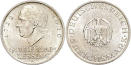 5 Reichsmark, 1929, A, Lessing, Kratzer, Vz+., Katalog: J. 336 5 Reichmark, 1929, A, Lessing, Scratch, Extremly... - Autres & Non Classés