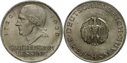 3 Reichsmark, 1929, A, Lessing, Berieben, Vz., Katalog: J. 335 Vz3 Reichmark, 1929, A, Lessing, Rubbed,... - Autres & Non Classés