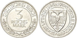 3 Reichsmark, 1926, Lübeck, Kl. Rf, Vz-st, Katalog: J. 323 Vz-st3 Reichmark, 1926, Lübeck, Small Rf,... - Autres & Non Classés