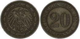 20 Pfennig,1890, Großer Adler, A, Vz., Katalog: J. 14 Vz20 Penny, 1890, Large Eagle, A, Extremley Fine,... - Autres & Non Classés