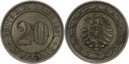 20 Pfennig, Kupfer(Nickel, 1887, Mzz E, Kleiner Adler, Vz-st. Mit Unterlegzettel Ex Auktion... - Autres & Non Classés