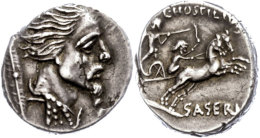 L. Hostilius Saserna, Denar (3,91g), 48 V. Chr., Rom. Av: Kopf Eines Gallischen Kriegers Nach Rechts, Dahinter... - République (-280 à -27)