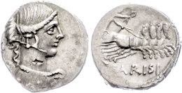 T. Carisius, Denar (3,74g), 46 V. Chr., Rom. Av: Victoriabüste Nach Rechts, Dahinter "SC". Rev: Victoria Mit... - République (-280 à -27)