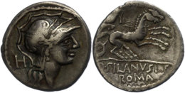 D. Iunius Silanus L. F., Denar (3,43g), 91 V. Chr., Rom. Av: Romakopf Mit Flügelhelm Nach Rechts, Dahinter... - République (-280 à -27)