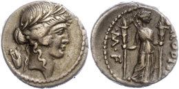L. Livineius Regulus, Denar (3,75g), 42 V. Chr., Rom. Av: Apollokopf Nach Rechts, Dahinter Lyra. Rev: Diana Mit... - République (-280 à -27)