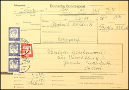 1 M. Im Senkrechten 3er-Streifen Und 20 Pfg. Bedeutende Deutsche Mit Fluoreszenz Auf Telegramm-Formular Mit Vermerk... - Autres & Non Classés