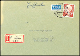 60 Pfg. Heuss Als Portogerechte Einzelfrankatur Auf R-Brief Aus ESENS 16.6.54 (2. Verwendungstag!) Nach Oldenburg... - Autres & Non Classés