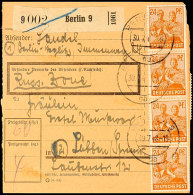 24 Pfg. Arbeiter (4) Und Rückseitige Zufrankatur (u. A. 40 Pfg. Maschinenaufdruck) Auf Paketkarte Aus BERLIN... - Autres & Non Classés