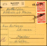 60 Pfg. Ziffer Im Senkrechten Paar Mit Notstempel "Neu-Trebbin" Und Datums-L1 "13.JUL.1946" Auf Paketkarte, Kleine... - Autres & Non Classés