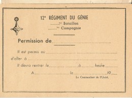 Feuille De Permission-12è Regiment Du Génie-format 10x14 Cm - Documenten
