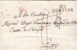 France Italia Dept. Conquis Arno 1809 "112 CORTONE" Lettre Pour Ministre Bigot à Paris, Control Mark Detaxed (o169) - 1792-1815 : Departamentos Conquistados