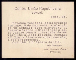 Cartão Com Propaganda Do CENTRO UNIAO REPUBLICANA Da COVILHA, Director JOSE CRAVEIRO LOPES (Castelo Branco) 1919 - Portugal