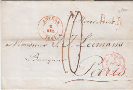 Belgique France 1841 Anvers Lettre Pour Paris, "B4R" & Cachet D´entré En Rouge (o200) - 1830-1849 (Belgique Indépendante)