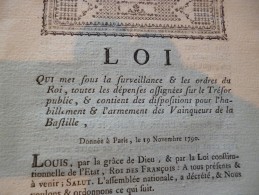 Loi 19/11/1790 Révolution An I.dépenses Assignées Pour L'habillement Et L'armement Des Vainqueurs De La Bastille... - Gesetze & Erlasse