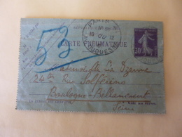 CARTE LETTRE  PNEUMATIQUE   Semeuse 30 Ct Violet Sans Date  Obliteration Daguin Double  Paris Avenue Duquesne  AV 2016 - Rohrpost