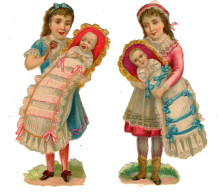 IMAGE DECOUPI X 2 FILLETTES Portant BEBES POUPONS ENFANTS Dans Leur BARBOTEUSE  11.5 Cm - Enfants