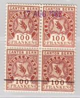 Fiscalmarken Canton Bern 1884 N° 21 100Fr Bronze In Viereblock - Revenue Stamps