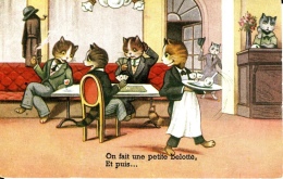 CP  ANIMAUX HABILLES - CHATS - CAFE - ON FAIT UNE PETITE BELOTTE, ET PUIS…; - Dressed Animals