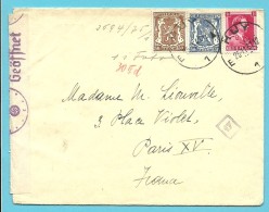 424+426+528 Op Brief Met Stempel HUY 1 , Naar France, Verso Censuurstrook+stempel  GEPRUFT - Guerre 40-45 (Lettres & Documents)