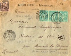 TB 1003 - LSC - Lettre Recommandée De MARSEILLE Pour MURVIEL LES BEZIERS Via TARASCON - SETE Spécial - 1877-1920: Période Semi Moderne