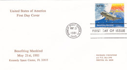 USA 1981 - FDC FDI  Kennedy Space Center Fl 32815 - Benefiting Mankind 21.5.1981 - Moon Left - North  America