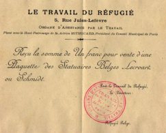 VP4517 -  MILITARIA - PARIS - Reçu De L´Organe D´Assistance Par Le Travail - Réfugié Belge - Documenten