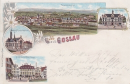 Gossau, Gruss Aus - Litho - Gesamtansicht, Gemeindehaus, Kirche U. Schulhaus, Hauptplatz U. Hotel Ochsen - Gossau