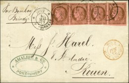 Càd INDE / PONDICHERY / CG N° 18 Bande De 4 (2 Ex. Petit Def) Sur Lettre Pour Rouen. 1877. - TB / SUP. -... - Autres & Non Classés