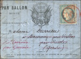 Càd Rouge PARIS SC 28 OCT. 70 / N° 37 Sur Formule Imprimée PAR BALLON MONTE '' AUX DRAPEAUX ''... - Guerre De 1870