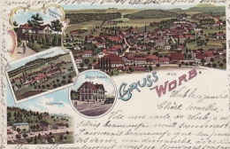 Worb, Gruss Aus - Bahnhof, Enggisteinbad, Rüttihubelbad, Haushaltungs-Schule, Gesamtansicht - Farbige Litho - - Worb