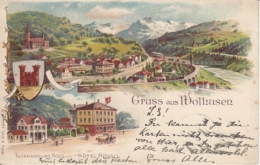 Wolhusen, Gruss Aus - Tuchhandlung Roos, Hotel Rössli, Gesamtansicht - Farbige Litho - Wolhusen