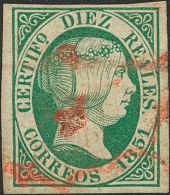 ISABEL II Isabel II. 1 De Enero De 1851 º 10 Reales Verde. Matasello ARAÑA, En Rojo (invisible Reparaci&oacu - Altri & Non Classificati