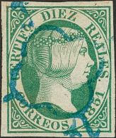 ISABEL II Isabel II. 1 De Enero De 1851 º 10 Reales Verde. Matasello ARAÑA, En Azul. PIEZA DE LUJO Y DE ENOR - Altri & Non Classificati