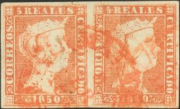 ISABEL II Isabel II. 1 De Enero De 1850 º 5 Reales Rojo, Pareja. Matasello Baeza. MAGNIFICA Y RARA.(Edifil 2015: +1 - Altri & Non Classificati