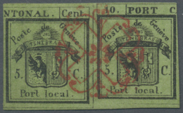 1843: Doppelgenf 5c+5c Schwarz Auf Gelbgrün, Waagerecht VERKEHRT GESCHNITTEN, Sauber Entwertet Mit Zentrisch... - 1843-1852 Poste Federali E Cantonali
