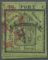 1843: 5 C. Schwarz Auf Gelbgrün Als Linke Hälfte Der "Doppelgenf", Entwertet Mit Roter Genfer Rosette Nr.... - 1843-1852 Poste Federali E Cantonali