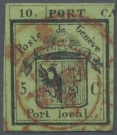 1843: 5 C. Schwarz Auf Gelbgrün Als Linke Hälfte Der "Doppelgenf", Entwertet Mit Rotem Doppelkreisstempel... - 1843-1852 Poste Federali E Cantonali