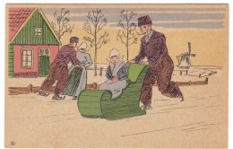 Dutch Winter Scene, Man Pushes Sled With Girl, NTR Or NRT Artist Signed Image, C1920s/40s Vintage Postcard - Europa