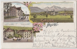 Muri, Gruss Aus (Aargau) - Farbige Litho - Käserei, Gasthof Löwen Und Adler, Gesamtansicht - Muri