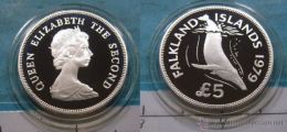 FALKLAND ISLANDS 1979 KM-11 S.M. ELIZABETH II QUEEN DOLPHINS   5 POUNDS SILVER U.N.C. - Falkland