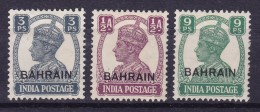 Bahrain 1942 Mi. 1943/45 Mi. 36-38 König King George VI. Overprinted BAHRAIN, MH* - Bahreïn (...-1965)