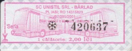 Transportation Ticket Tram Tramway Ticket 1 Travel Barlad Vaslui Romania - Europe