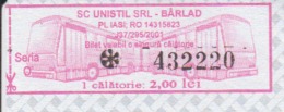 Transportation Ticket Tram Tramway Ticket 1 Travel Barlad Vaslui Romania - Europe