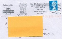 Great Britain 2015, North West Midlands "It's Christmas Time ! Last Posting Dates..." With 2nd Class Machin - Lettres & Documents