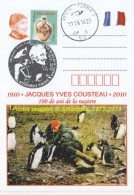 42601- JACQUES YVES COUSTEAU, EXPLORER, PENGUINS, SPECIAL POSTCARD, 2010, ROMANIA - Esploratori E Celebrità Polari