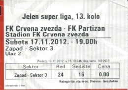 Sport Match Ticket UL000355 - Football (Soccer): Crvena Zvezda (Red Star) Belgrade Vs Partizan: 2012-11-17 - Match Tickets