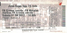 Sport Match Ticket UL000368 - Football (Soccer): Crvena Zvezda (Red Star) Belgrade Vs Metalac: 2012-04-07 - Tickets D'entrée