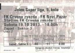 Sport Match Ticket UL000373 - Football (Soccer): Crvena Zvezda (Red Star) Belgrade Vs Novi Pazar: 2013-10-19 - Tickets D'entrée