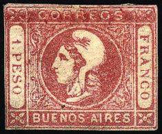 GJ.21j, 1$ Rose, Worn Impression, With Variety: Frame Broken At Top Above The Second "R" Of CORREOS (pos.2), Mint... - Buenos Aires (1858-1864)